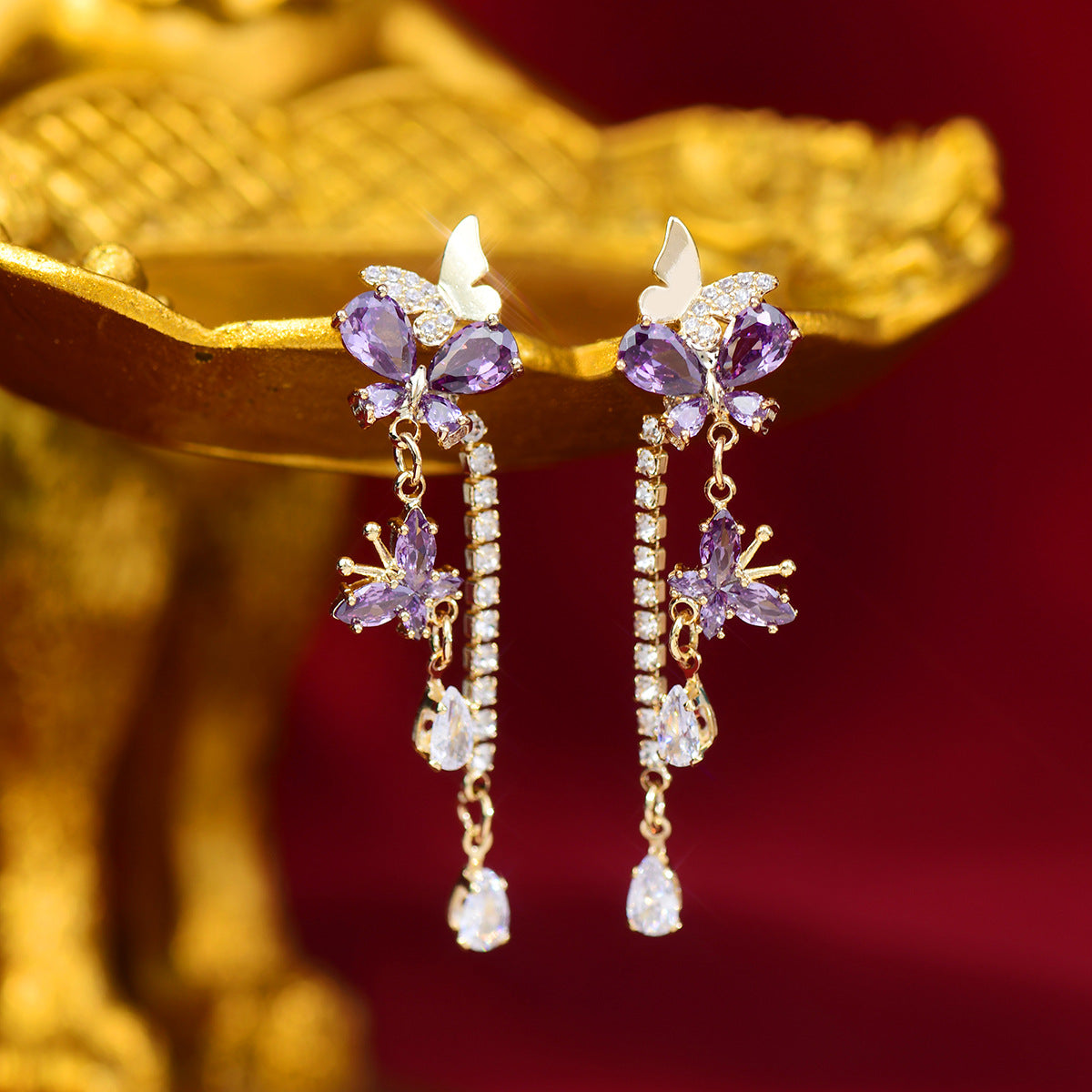 Sterling Silver Rose Gold & Purple Enamel Butterfly Earrings & Pendant set  | The Silver Place